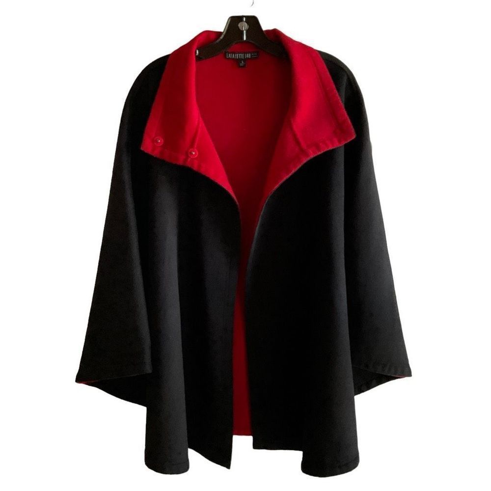 Lafayette 148 Cape Wool Angora Blend Black Red Snap Neck Closure Bat Wing Large